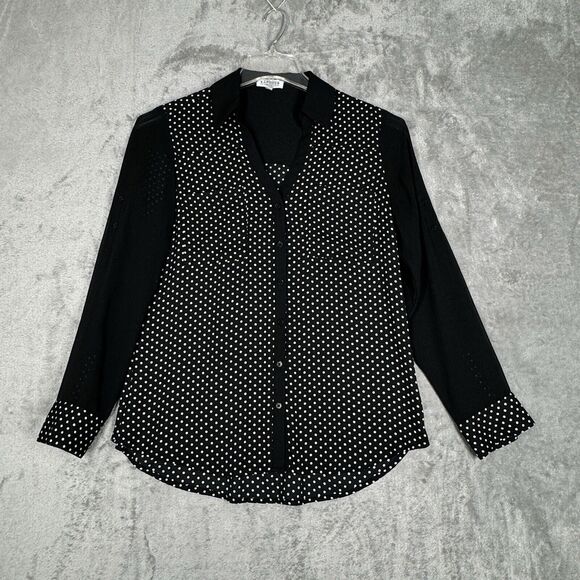 Express Shirt Womens Medium Black White Polka Dots Portofino Office Professional - Picture 2 of 7